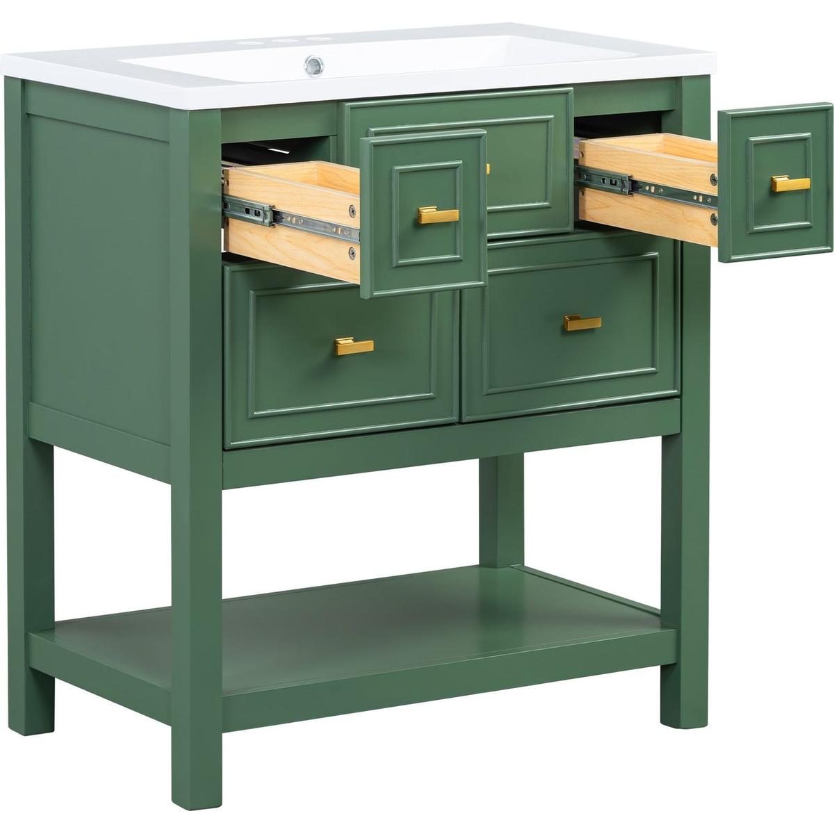 30" Bathroom Vanity with Resin Sink Combo, Free Standing Single Vanity Set with 5 Drawers, Solid Wood Frame Bathroom Storage Cabinet, Green