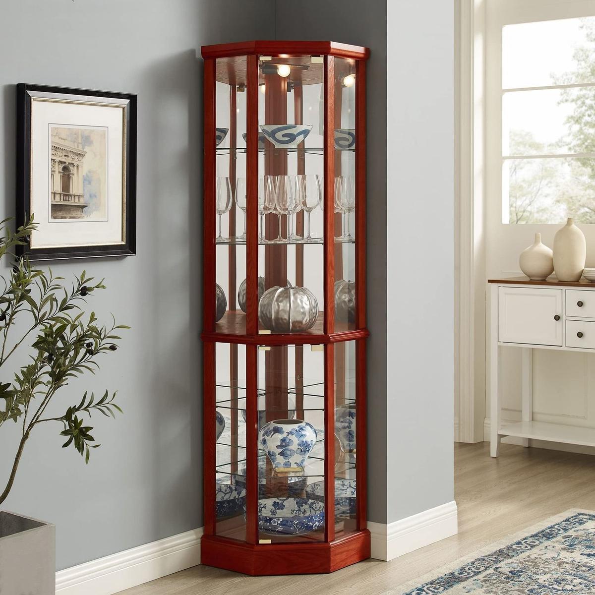 6 Shelf Lighted Corner Curio Cabinet with Adjustable Tempered Glass Shelves and Mirror Back, Cherry