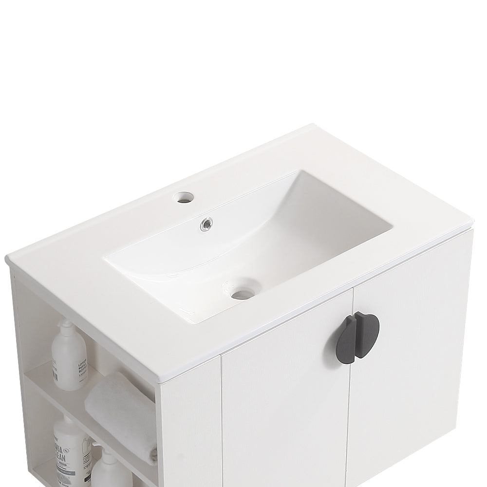 30" Bathroom Vanity with Sink,with two Doors Cabinet Bathroom Vanity Set with Side left Open Storage Shelf,Solid Wood,Excluding faucets,white