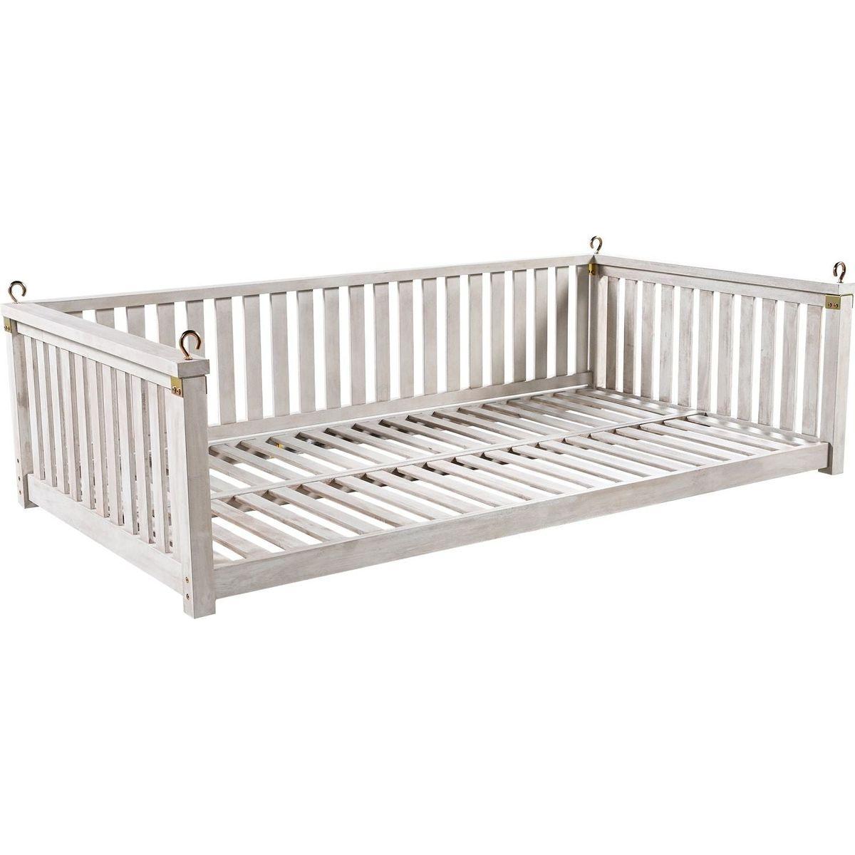 Patio Minimalist Twin Size Garden Swing Bed Wood Porch Swing with Ropes for Backyard, Safe Sloped Design, White