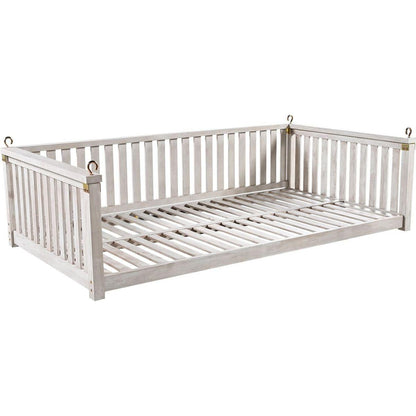 Patio Minimalist Twin Size Garden Swing Bed Wood Porch Swing with Ropes for Backyard, Safe Sloped Design, White
