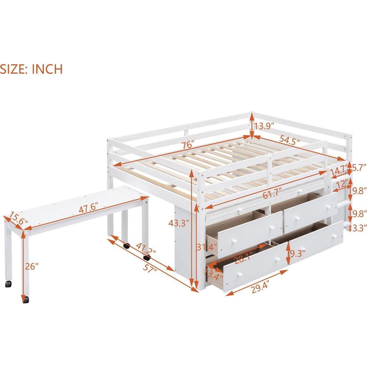 Full Size Loft Bed with Retractable Writing Desk and 4 Drawers, Wooden Loft Bed with Lateral Portable Desk and Shelves, White