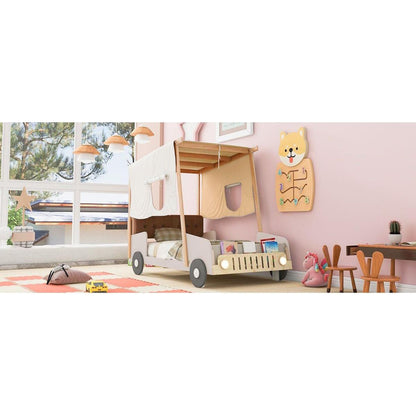 Wood Twin Size Car Bed with Pillow, Ceiling Cloth and LED, Natural