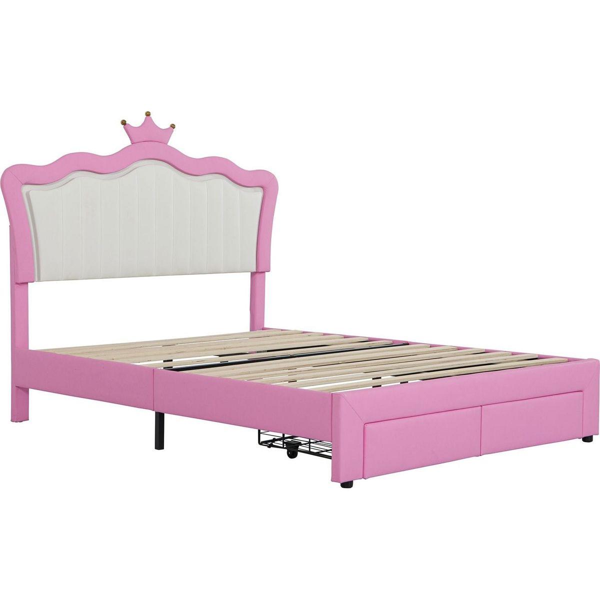 Full Size Upholstered Bed Frame with LED Lights, Modern Upholstered Princess Bed with Crown Headboard, 2 Drawers, Pink+White