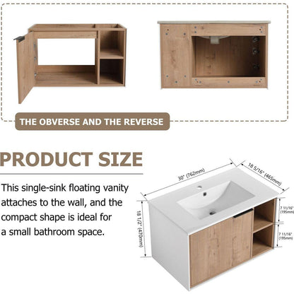 30" Floating Wall-Mounted Bathroom Vanity with Ceramics Sink & Soft-Close Cabinet Door