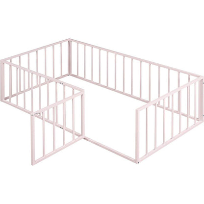 Twin Size Metal Floor Bed Frame with Fence and Door, Pink
