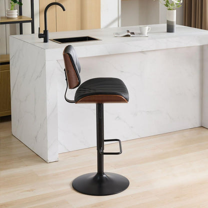 Walnut Bentwood Bar Stools Mid Century Modern Adjustable Counter Height Black Leather Upholstered 360Swivel Bar Chairs for Kitchen Island/Dining Room/Cafe, 1 chair/1carton,Black