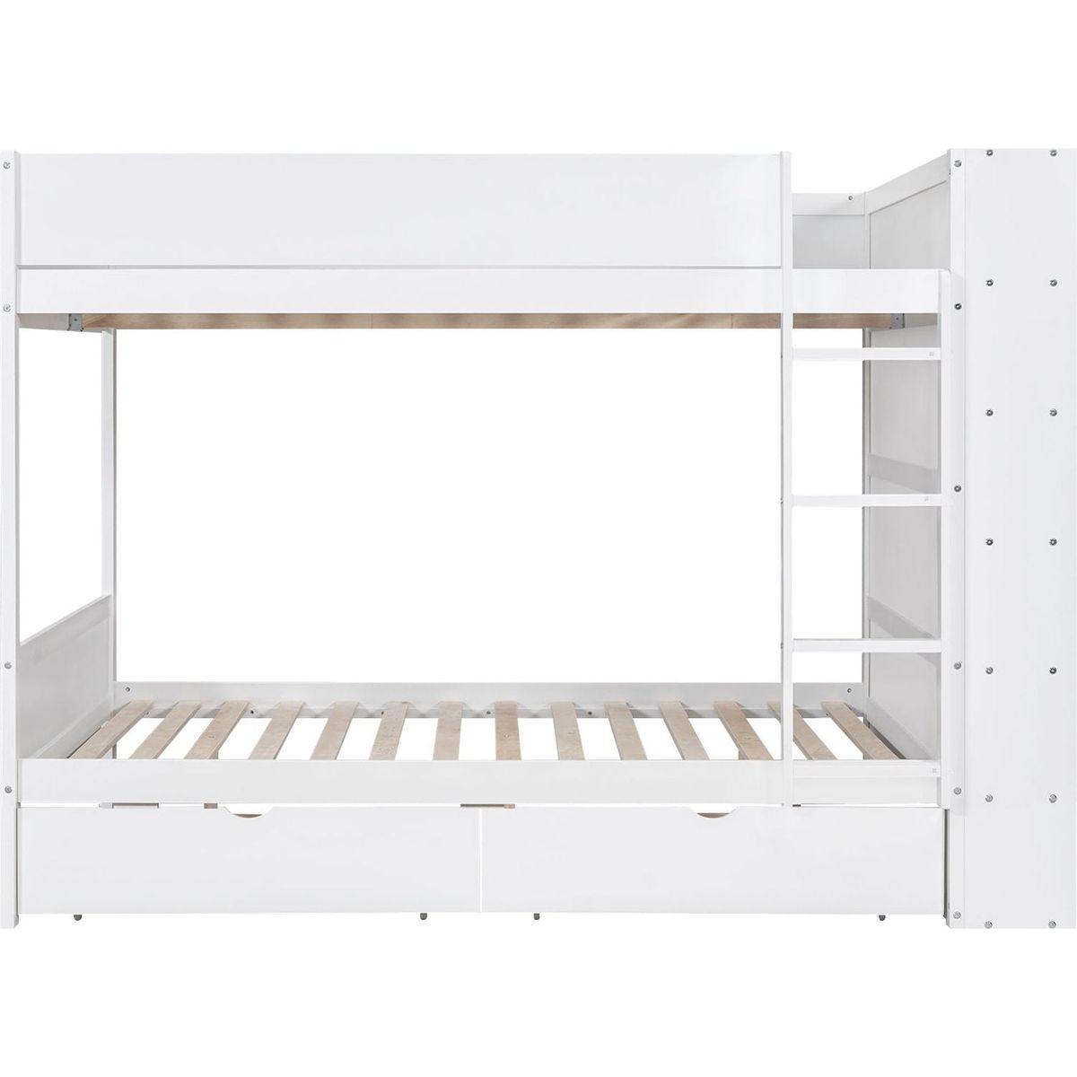Full over Full Bunk Bed With 2 Drawers and Multi-layer Cabinet, White