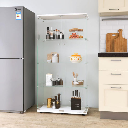 Two-door Glass Display Cabinet 4 Shelves with Door, Floor Standing Curio Bookshelf for Living Room Bedroom Office, 64.7"x31.7"x14.3", White