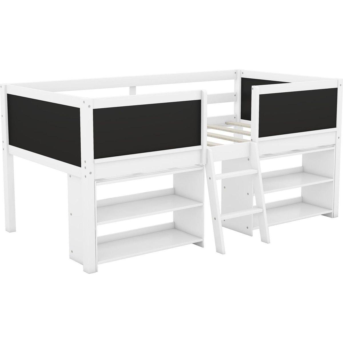Twin Size Low Loft Bed with Two Movable Shelves and Ladder,with Decorative Guardrail Chalkboard,White
