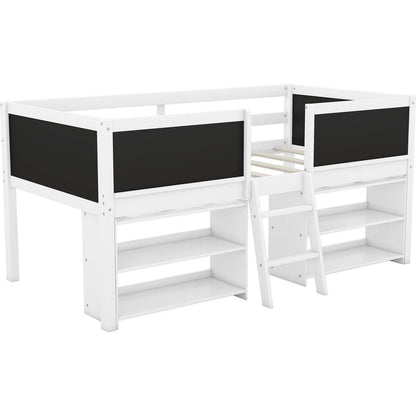 Twin Size Low Loft Bed with Two Movable Shelves and Ladder,with Decorative Guardrail Chalkboard,White