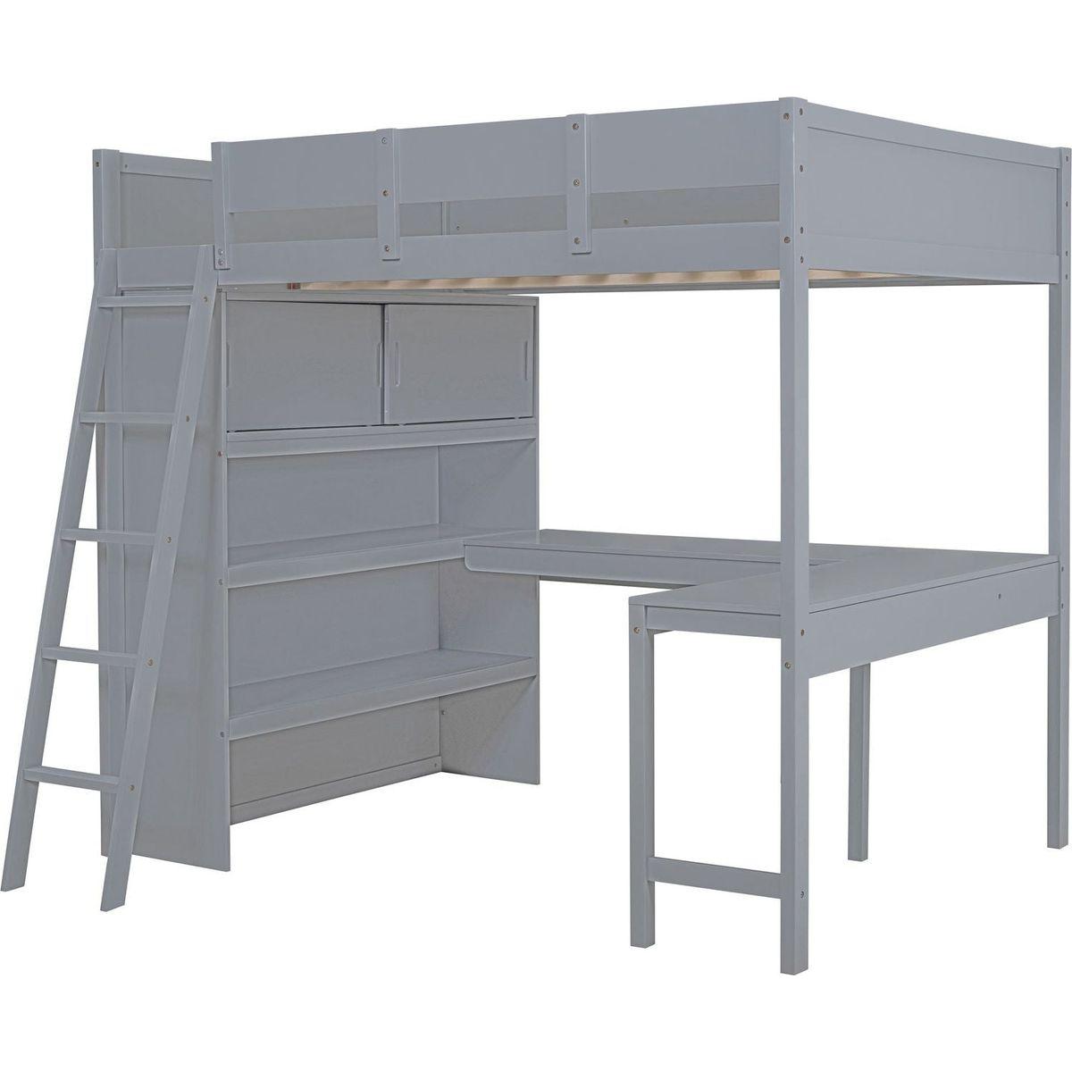 Full Size Loft Bed with Desk and Shelf - Gray