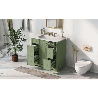 36" Bathroom Vanity with Sink, One Cabinet with Three drawers and One Flip Drawer, Solid Wood and MDF Board, Green