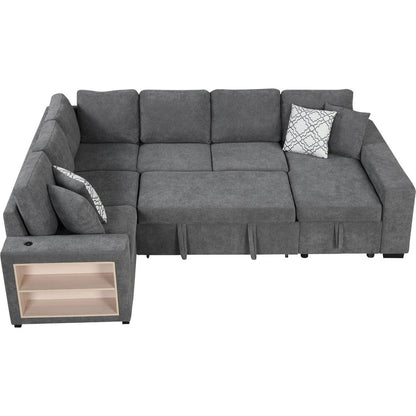 109" U-shaped Sectional Sofa Pull-out Sofa Bed with Two USB Ports, a Storage Chaise Lounge and Four Back Pillows for Living Room, Grey