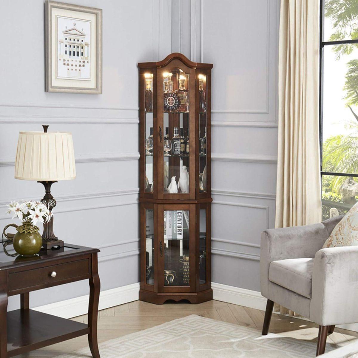 Corner Curio Cabinet with Lights, Adjustable Tempered Glass Shelves, Mirrored Back, Display Cabinet,Walnut