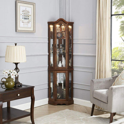 Corner Curio Cabinet with Lights, Adjustable Tempered Glass Shelves, Mirrored Back, Display Cabinet,Walnut