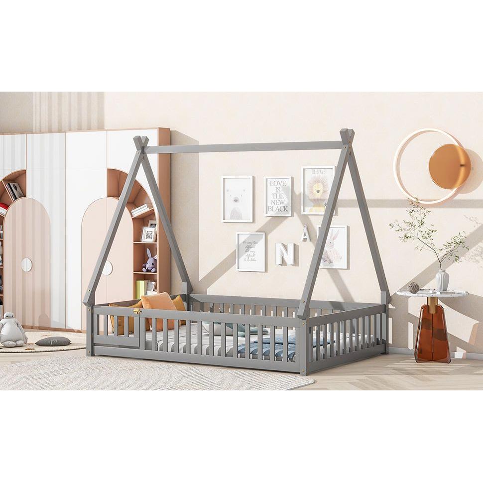 Full Tent-shaped Floor Bed, with Guardrails, Slats, Door, Grey