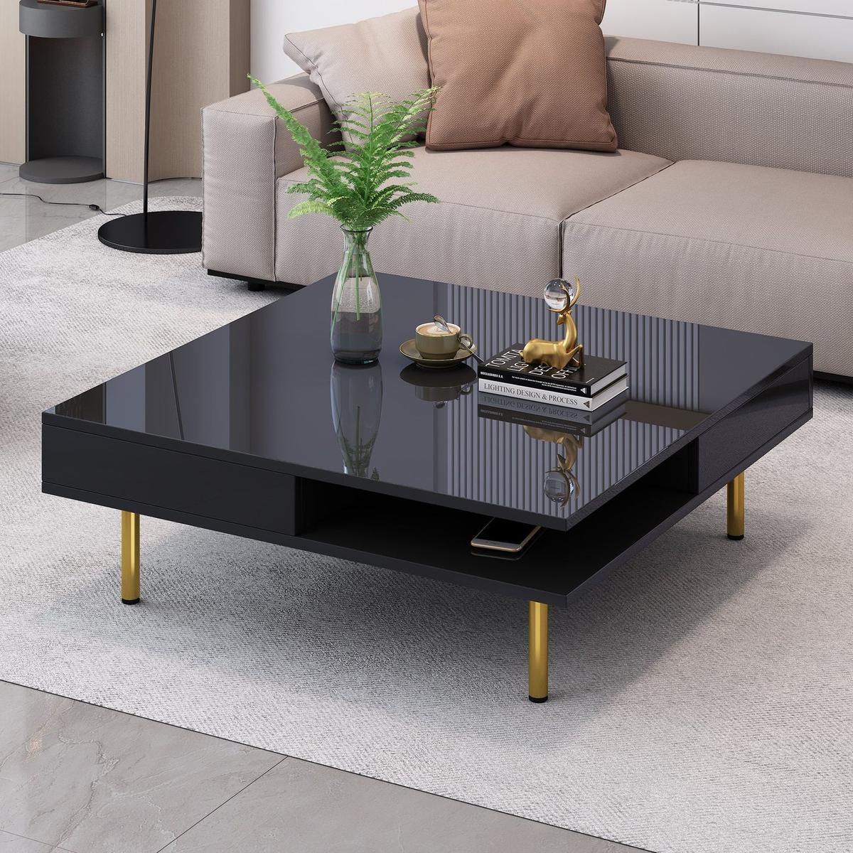 Exquisite High Gloss Coffee Table with 4 Golden Legs and 2 Small Drawers, 2-Tier Square Center Table for Living Room, Black