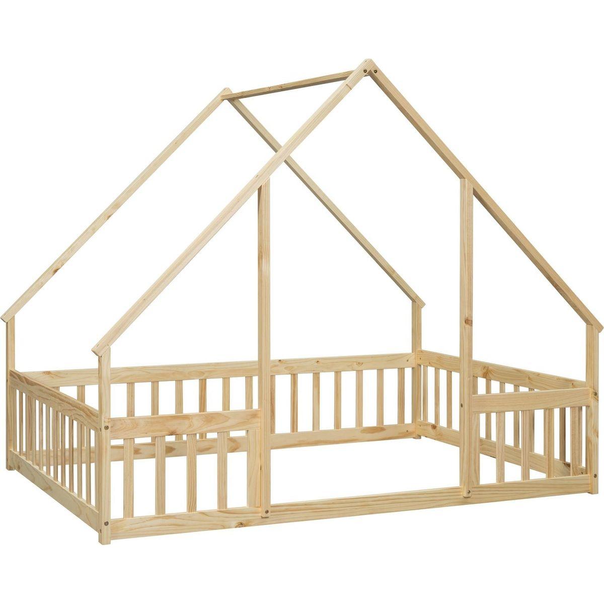 Full Wood House-Shaped Floor Bed with Fence, Guardrails,Natural