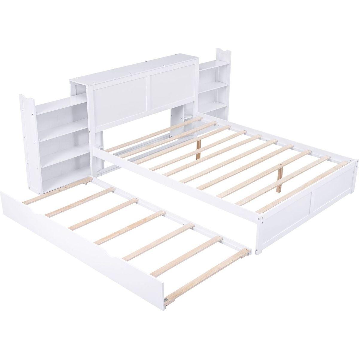 Queen Size Storage Platform Bed with Pull Out Shelves and Twin XL Size Trundle, White