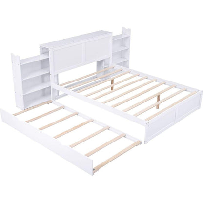 Queen Size Storage Platform Bed with Pull Out Shelves and Twin XL Size Trundle, White