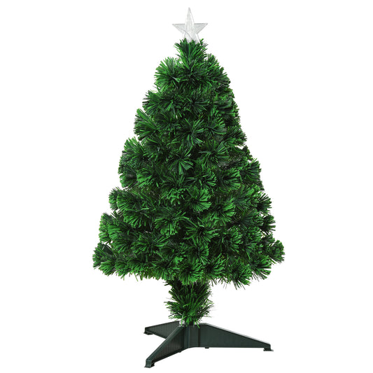 HOMCOM 2.5ft Tall Pre-Lit Douglas Fir Tabletop Artificial Christmas Tree with Realistic Branches, Fiber Optic LED Lights and 85 Tips, Green