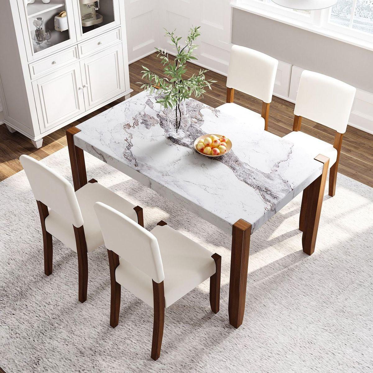 5-Piece Modern Dining Furniture Set, 4-Person Space-Saving Dinette for Kitchen, 46" Faux Marble Style Table and 4 Upholstered Chairs with Solid Rubberwood Legs