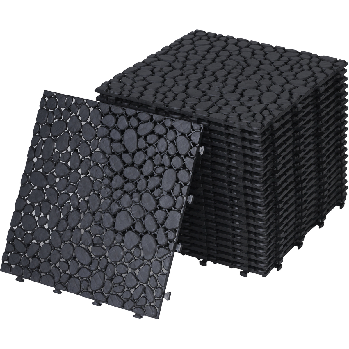 12 x 12 Inch Black Interlocking Deck Tiles Plastic Waterproof Outdoor All Weather Anti-slip Bathroom Shower Balcony Porch Strong Weight Capacity Upto 440 LBS, Pebble Stone Pattern Pack of 12