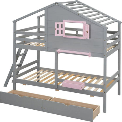Twin over Twin Bunk Bed with 2 Drawers, 1 Storage Box, 1 Shelf, Window and Roof-Gray