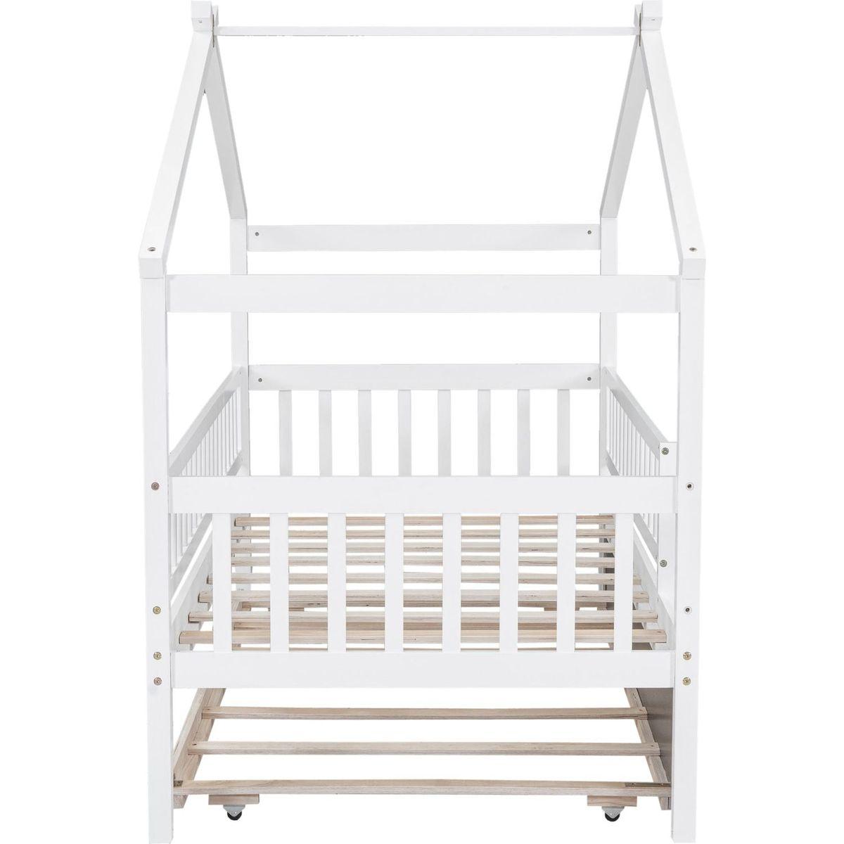 Twin Size Wooden House Bed with Twin Size Trundle, White