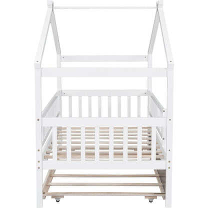 Twin Size Wooden House Bed with Twin Size Trundle, White