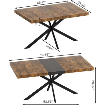 55.11" -70.86"Retro Rectangular Stretch Dining Table, Antique Wood Top And Black Relief Plate, Black Fine Sand Cross Iron Foot Base Dining Table, With Storage Box.