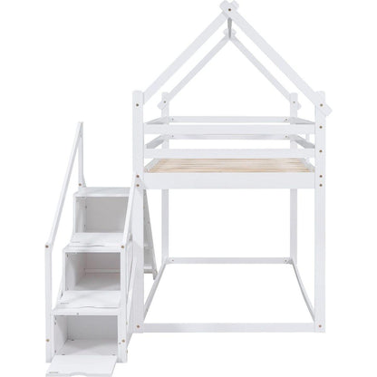 Twin over Twin House Loft or Bunk Bed with Slide and Staircase, White