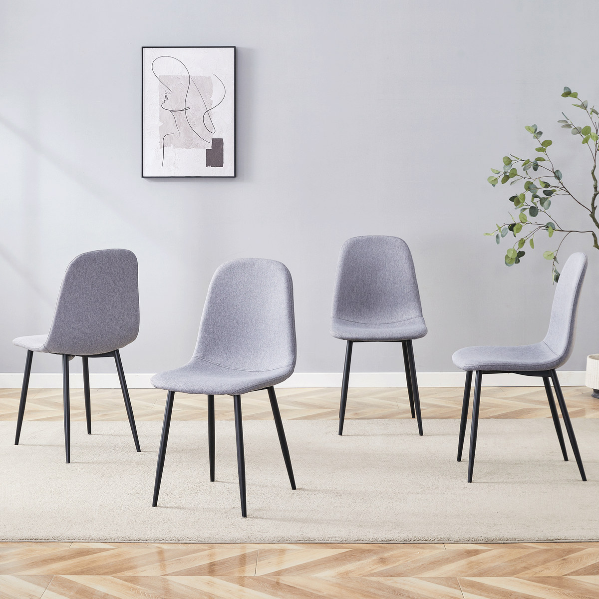 Luxury Simple Chair - Set of 4 Light Gray Linen-Cotton Material High Resilience Dining Chair with Metal Black Leg.Integral metal leg architecture,Suitable for various interior decoration styles.