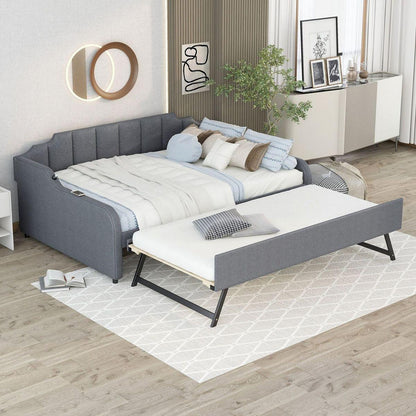 Full Size Upholstery Daybed with Trundle and USB Charging Design,Trundle can be flat or erected,Gray