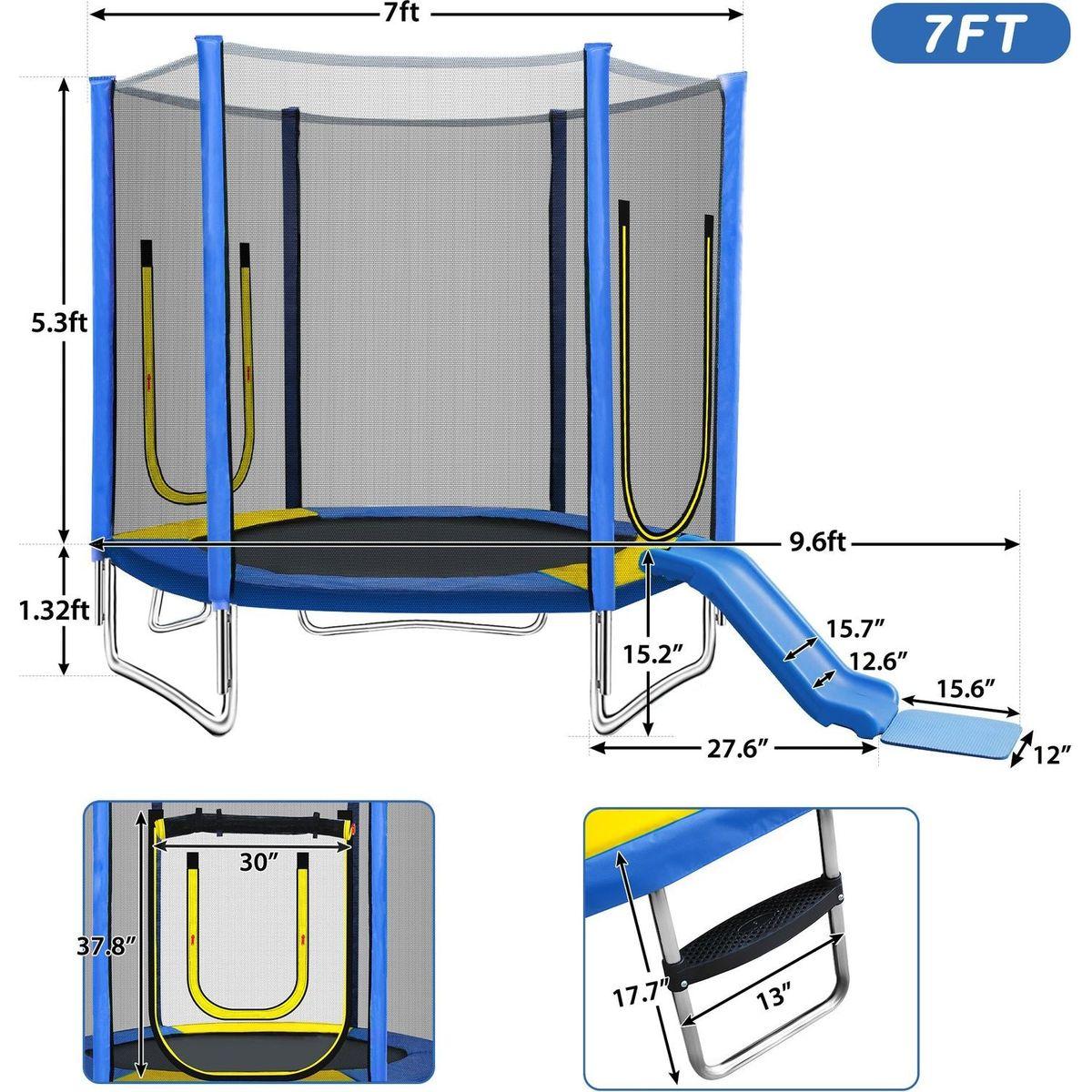 7FT Trampoline for Kids with Safety Enclosure Net, Slide and Ladder, Easy Assembly Round Outdoor Recreational Trampoline