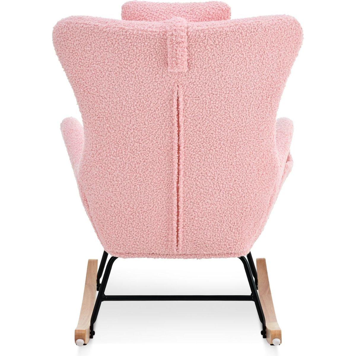 Rocking Chair Nursery, Teddy Upholstered Rocker Glider Chair with High Backrest, Adjustable Headrest & Pocket, Comfy Glider Chair for Nursery, Bedroom, Living Room, Offices, Rubber wood, pink