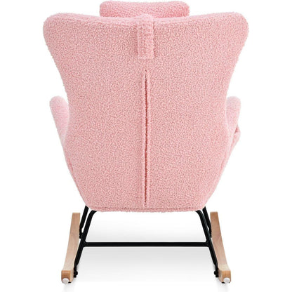 Rocking Chair Nursery, Teddy Upholstered Rocker Glider Chair with High Backrest, Adjustable Headrest & Pocket, Comfy Glider Chair for Nursery, Bedroom, Living Room, Offices, Rubber wood, pink