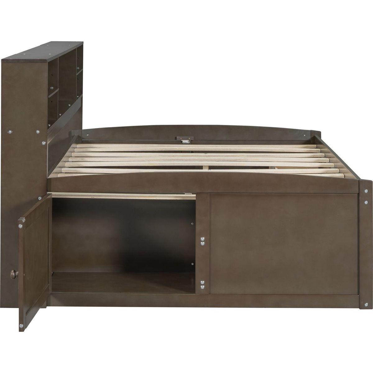 Full Size Wood Daybed with 2 Bedside Cabinets, Upper Shelves and 4 Drawers, Antique Brown