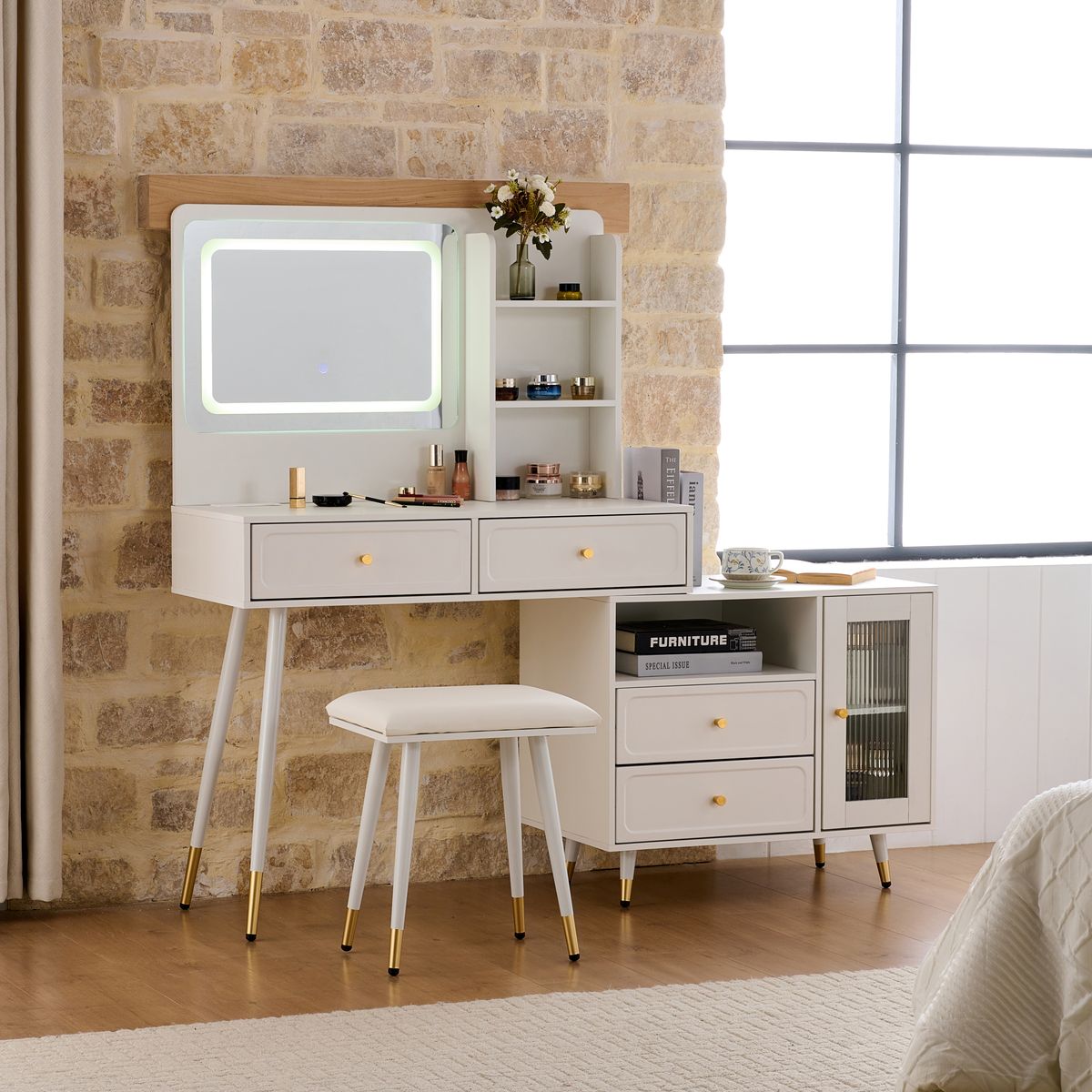 Modern Makeup Vanity Desk with Mirror and Lights, Retractable Dressing Table with Drawers and Cabinet, Compact Makeup Table Set with Power Outlet for Bedroom, White