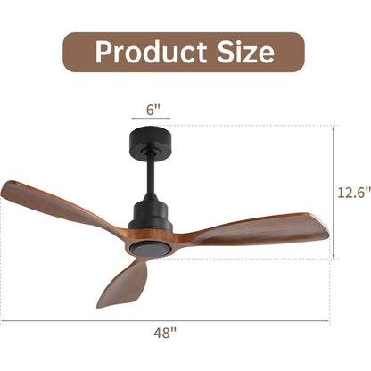 48 Inch Ceiling Fan Without Light, 3 Solid Wood Blades Outdoor Ceiling Fan 6-speed Reversible DC Motor for Living Room
