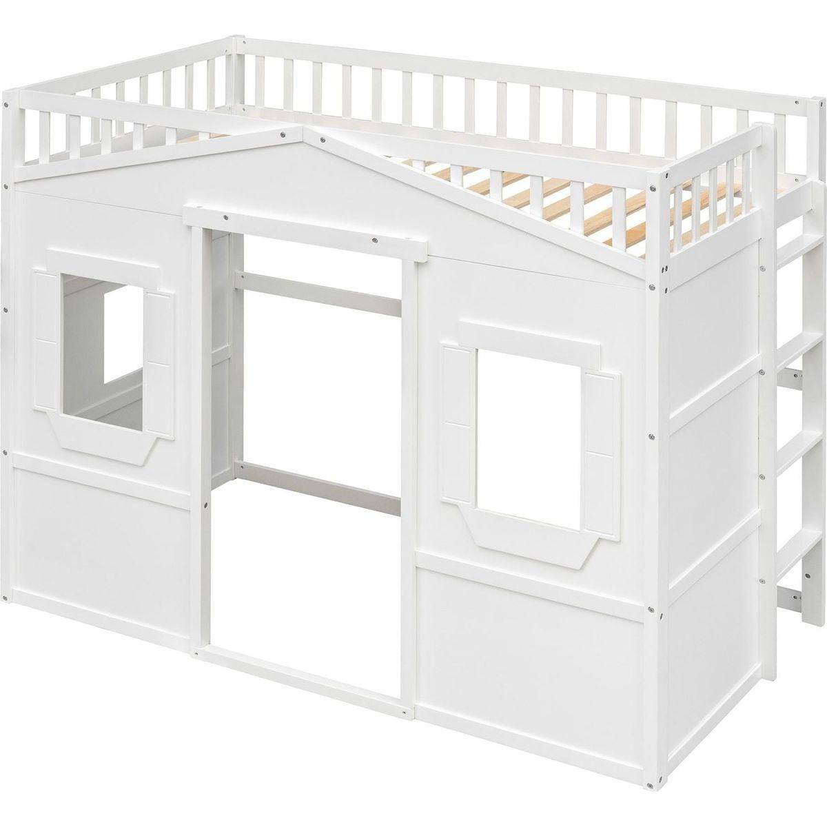 Twin Size House Loft Bed With Ladder-White