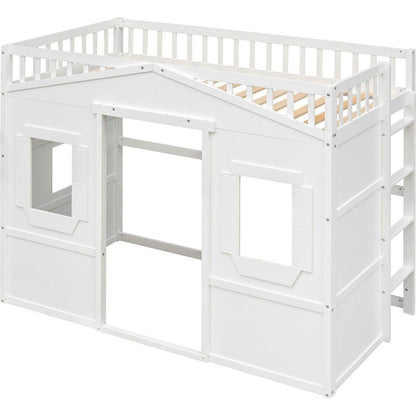 Twin Size House Loft Bed With Ladder-White