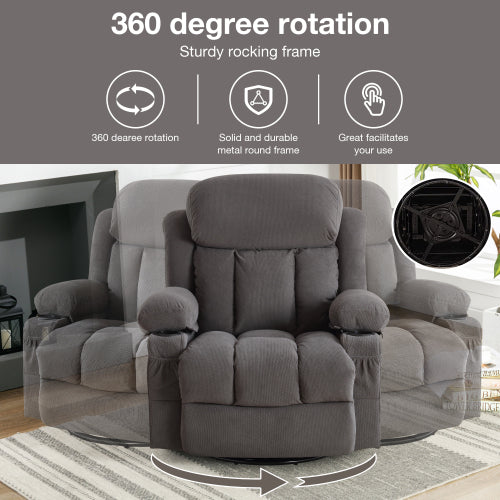 Swinging recliner massage heated sofa, with USB and 2 cup holders in side pockets, PackageA+B (GREY)