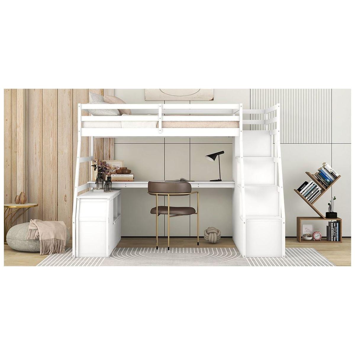Twin Size Loft Bed with 7 Drawers 2 Shelves and Desk - White