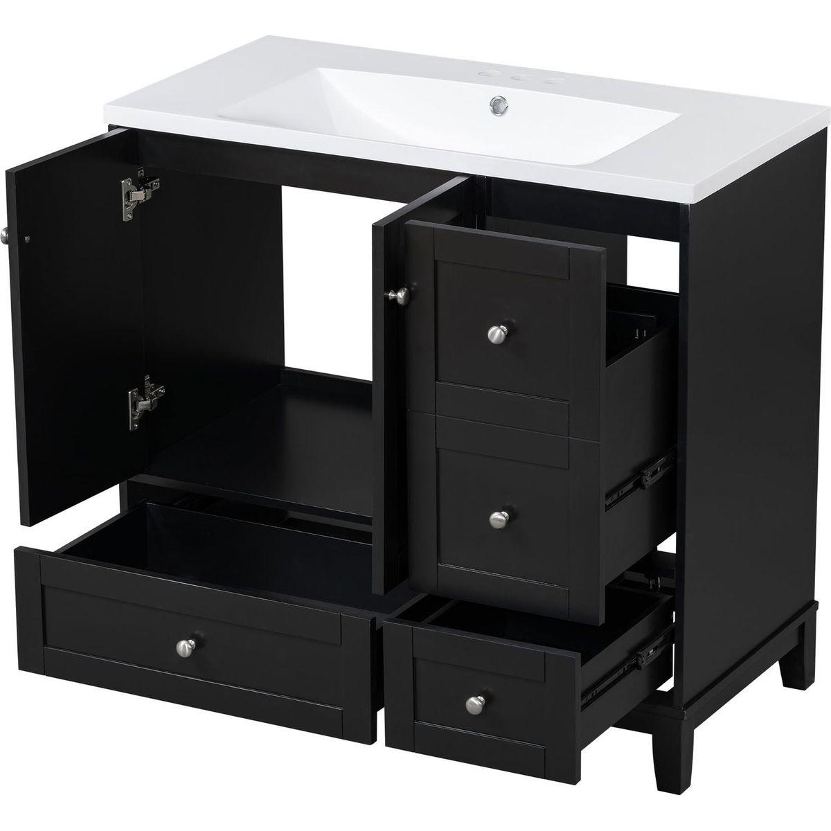 36 Inch Modern Bathroom Vanity with USB Charging, Two Doors and Three Drawers Bathroom Storage Vanity Cabinet, Small Bathroom Vanity cabinet with single sink, Black - Faucets Not Included