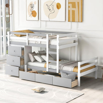 Twin over Twin Loft Bunk Bed with Drawers and Ladder, Gray