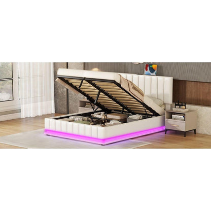 Queen Size Upholstered Bed with Hydraulic Storage System and LED Light, Modern Platform Bed with Sockets and USB Ports, White