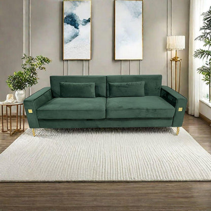 FX-P18-RG2(SOFA) Luxury Emerald Green Velvet Sofa with Gold Accents - Modern 3-Seat Couch with Plush Cushions, Perfect for Living Room and Office Decor