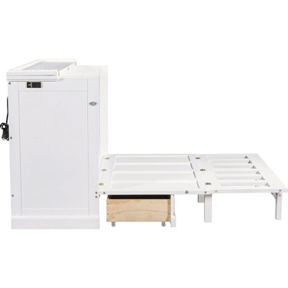Solid Pine Murphy Bed Chest Cube Cabinet Bed with Charging Station and Large Storage Drawer for Home Office or Small Room,Full,White